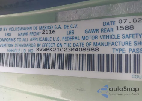 2003 Volkswagen New Beetle Gl z USA, uszkodzony, nr VIN 3VWBK21C23M408988